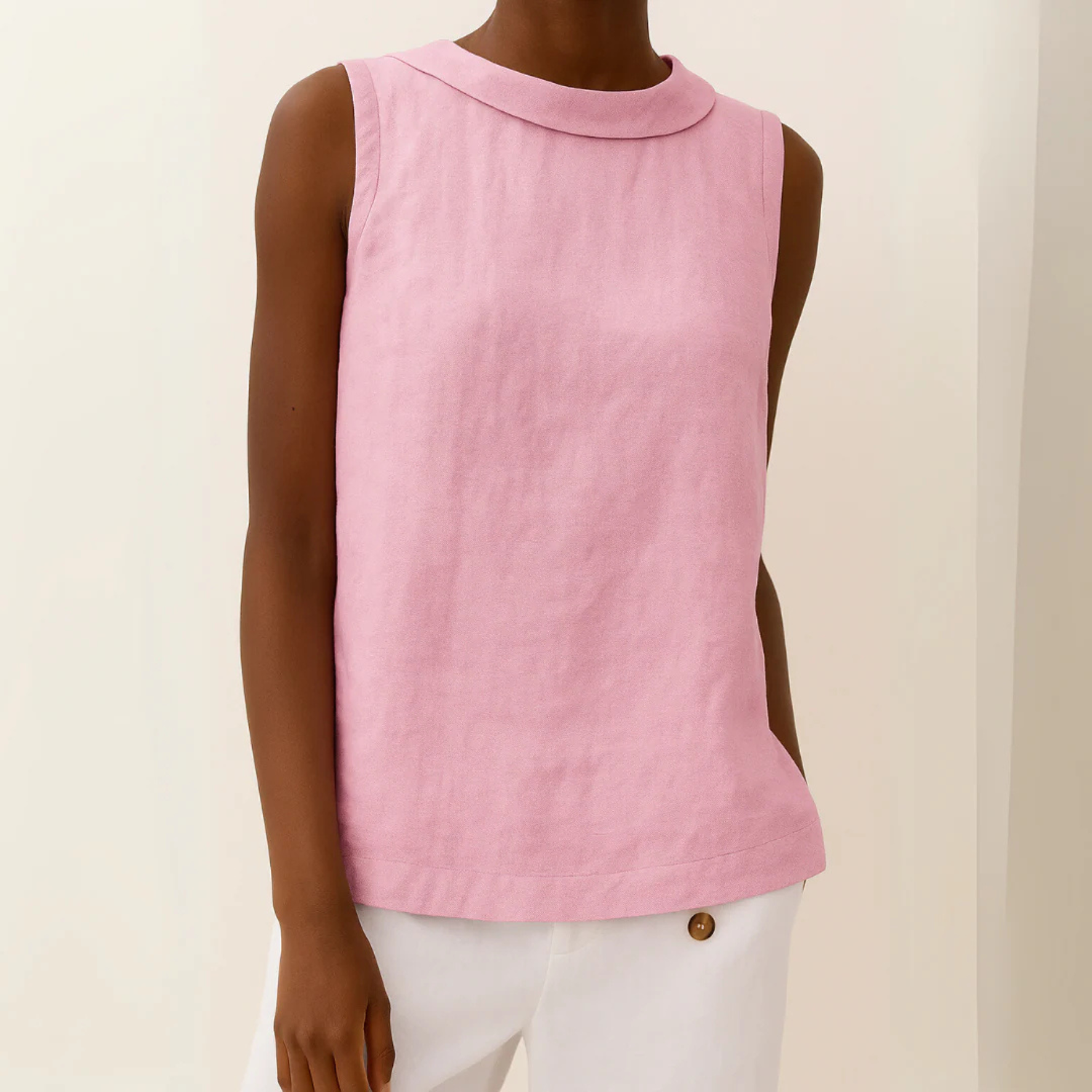 Women's Sleeveless Linen Top with Folded Collar