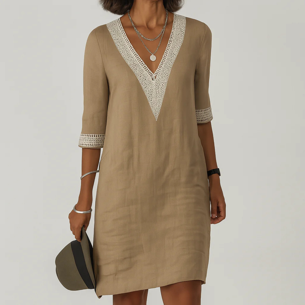 Women's Boho Linen V-Neck Shift Dress