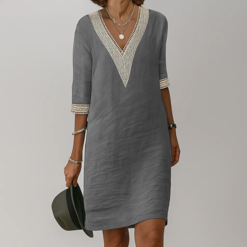 Women's Boho Linen V-Neck Shift Dress