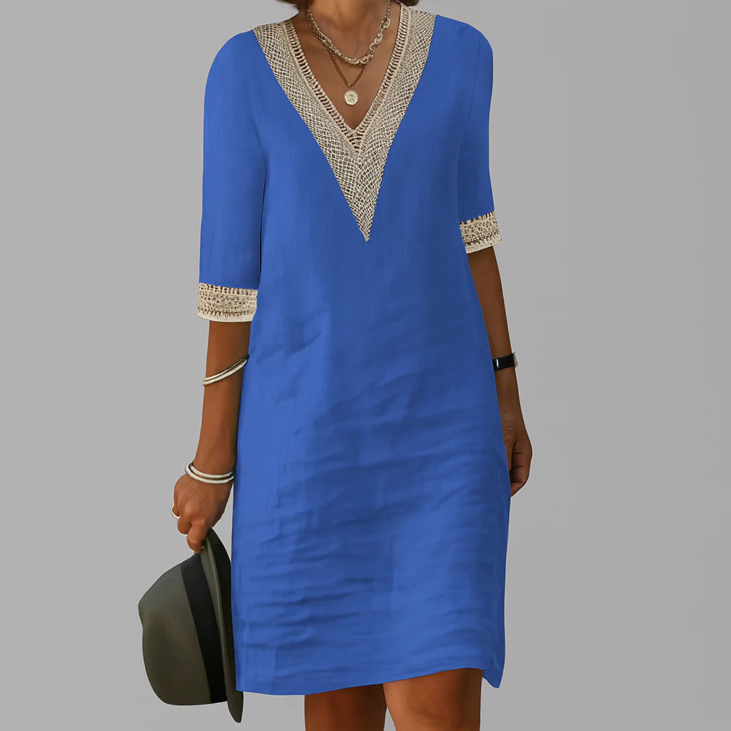 Women's Boho Linen V-Neck Shift Dress