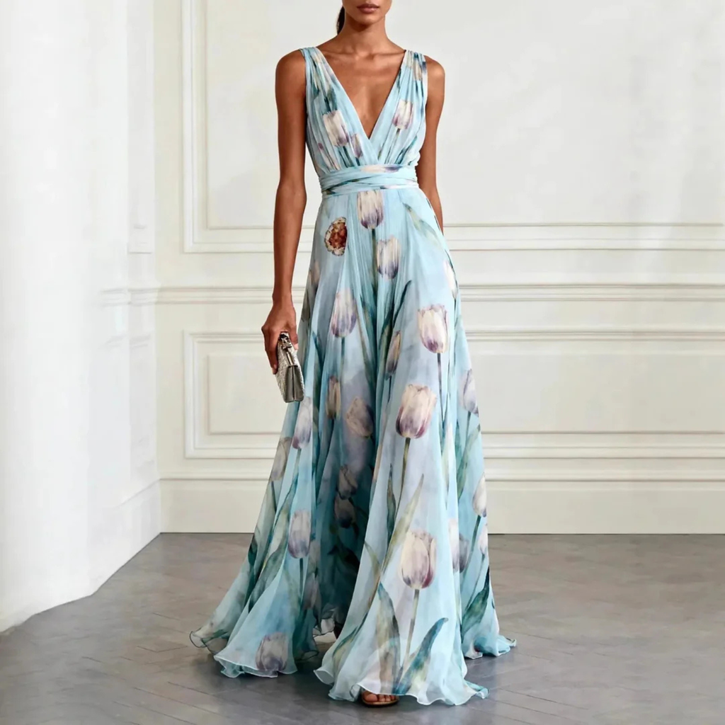 Women's Elegant Floral Print V-Neck Maxi Dress