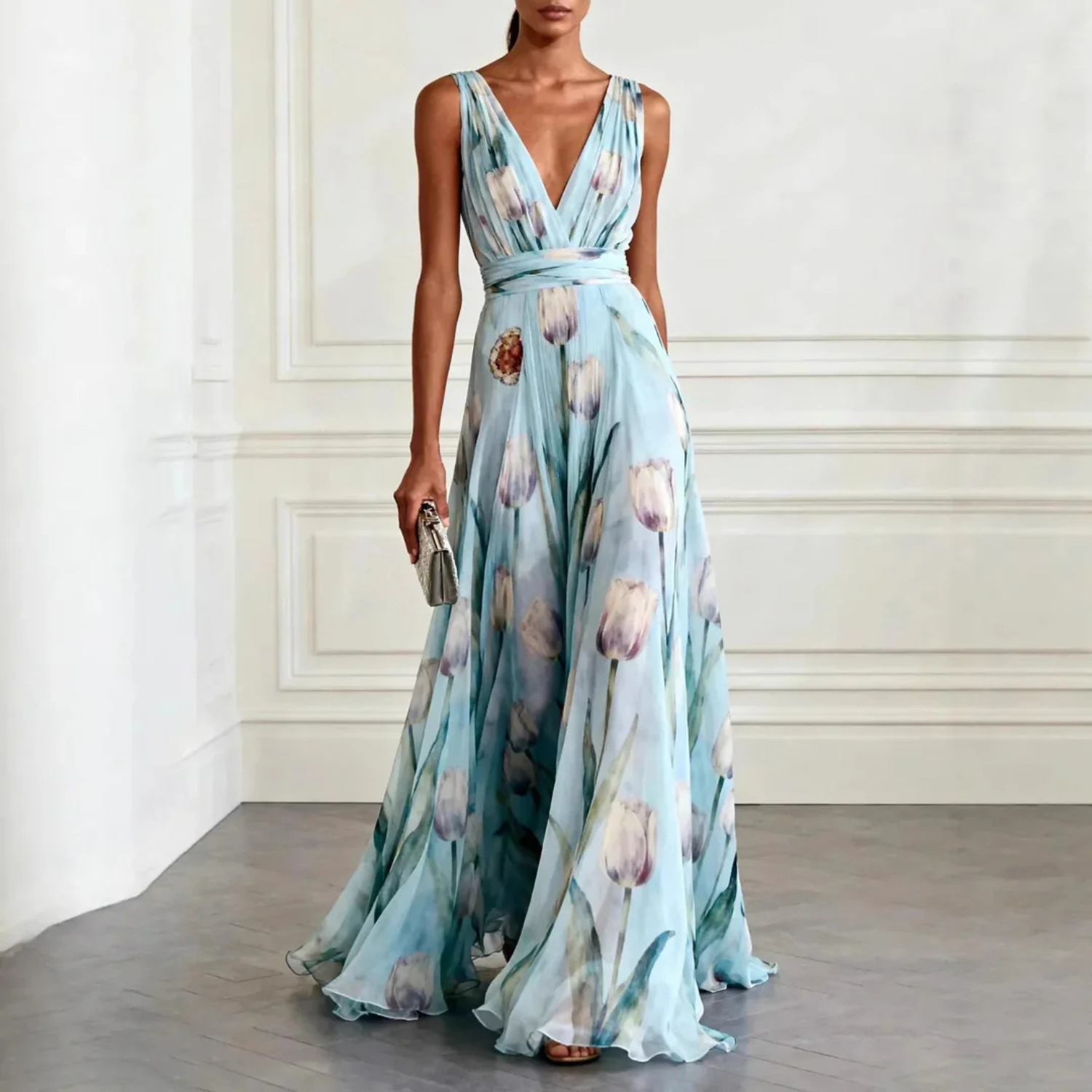 Women's Elegant Floral Print V-Neck Maxi Dress