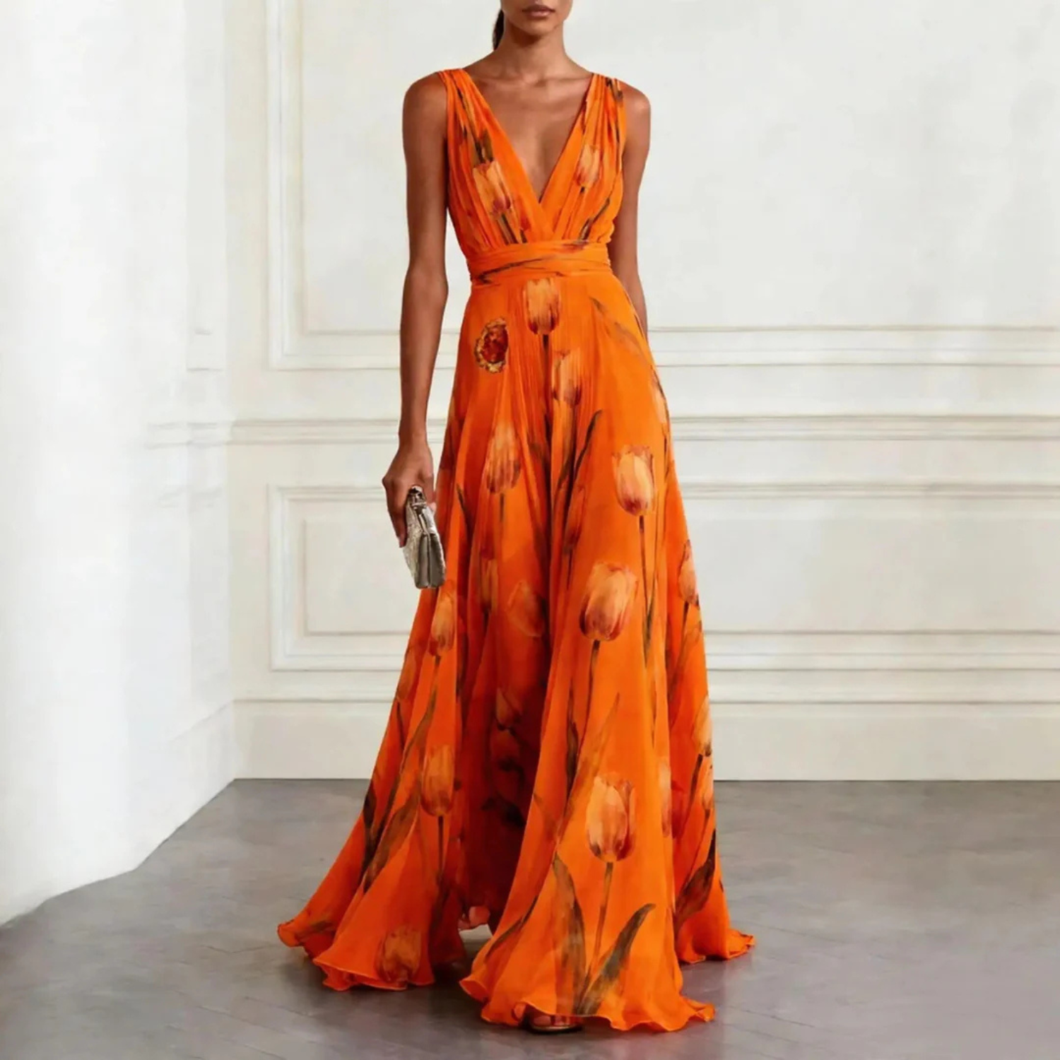 Women's Elegant Floral Print V-Neck Maxi Dress