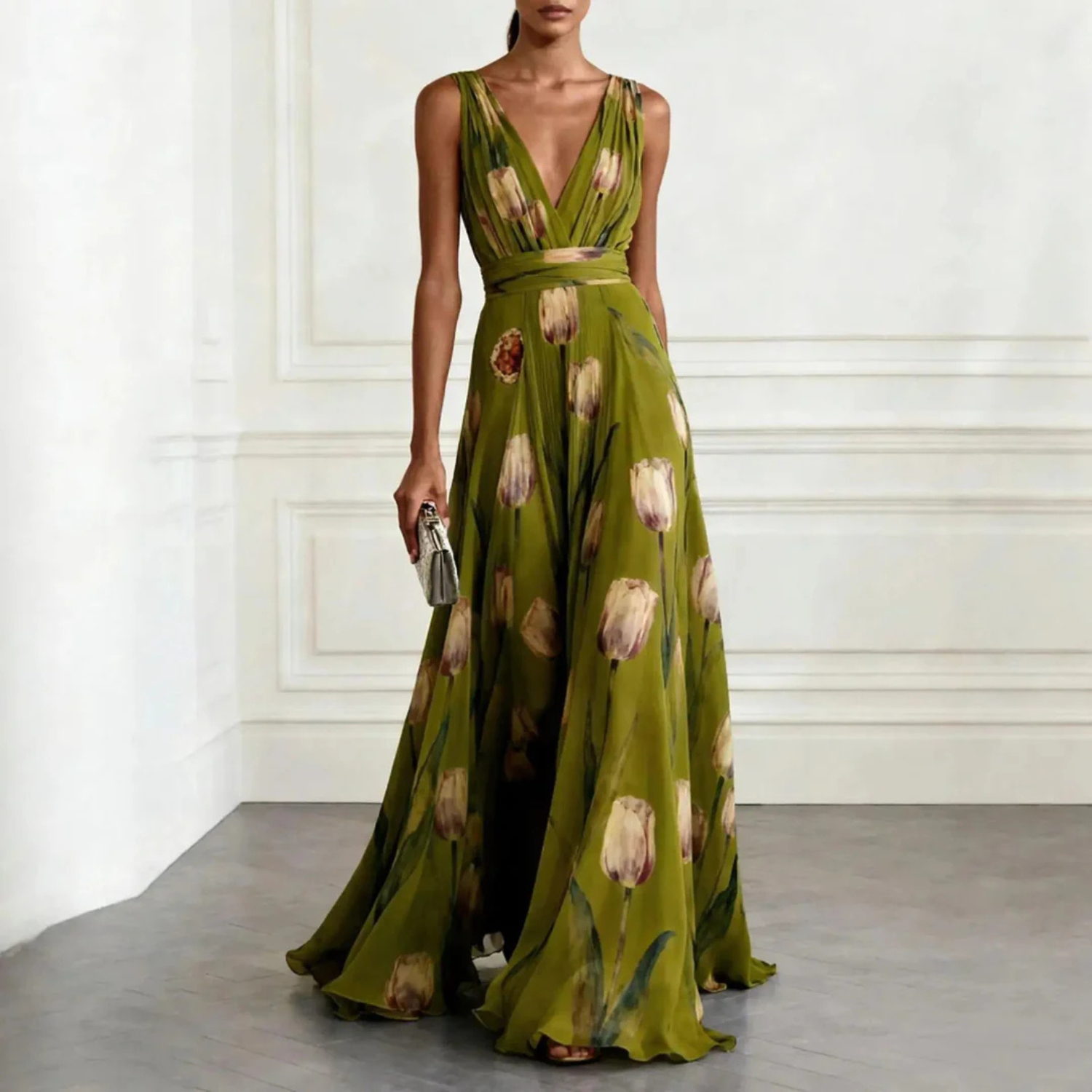 Women's Elegant Floral Print V-Neck Maxi Dress