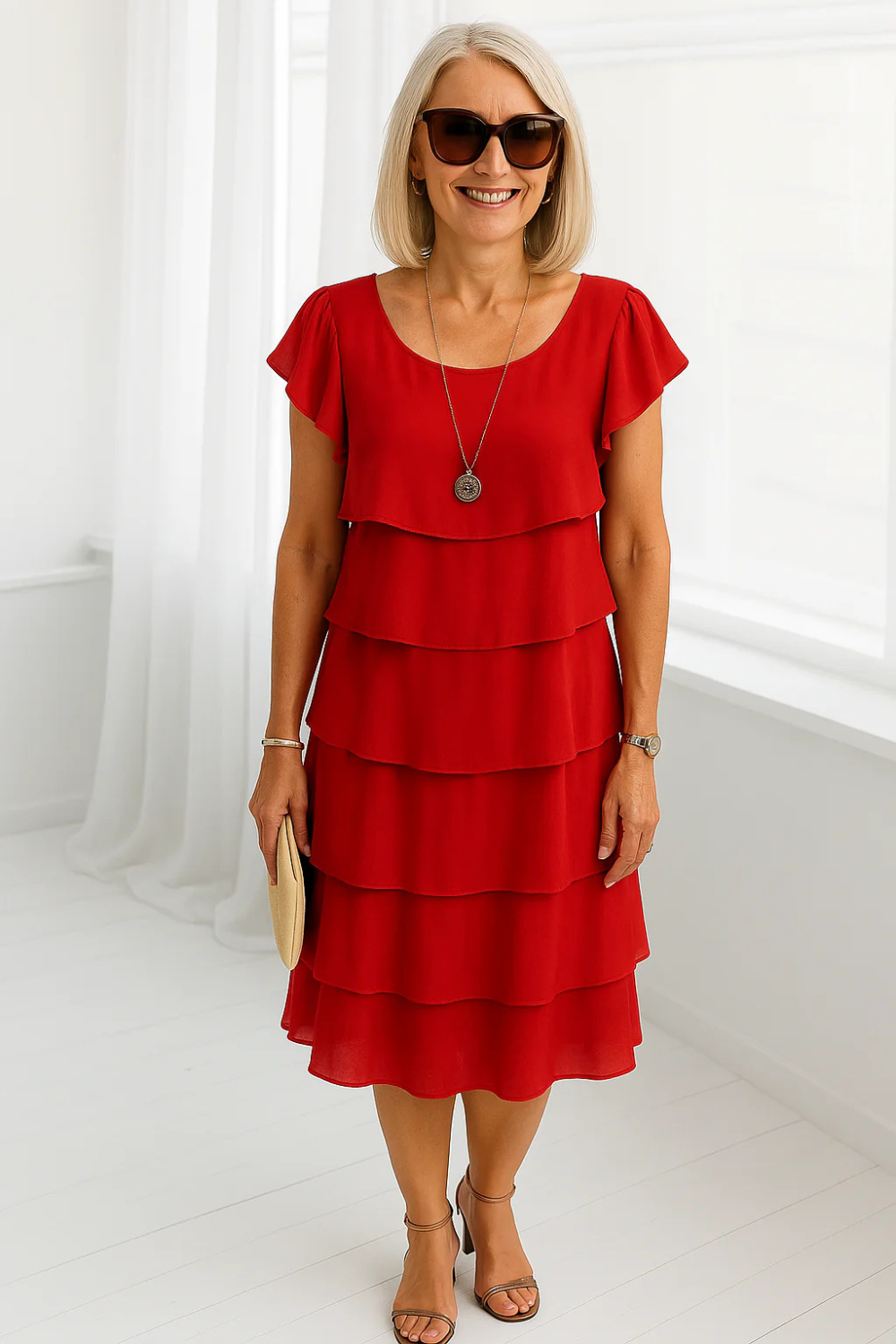 Women's Elegant Layered Chiffon Midi Dress