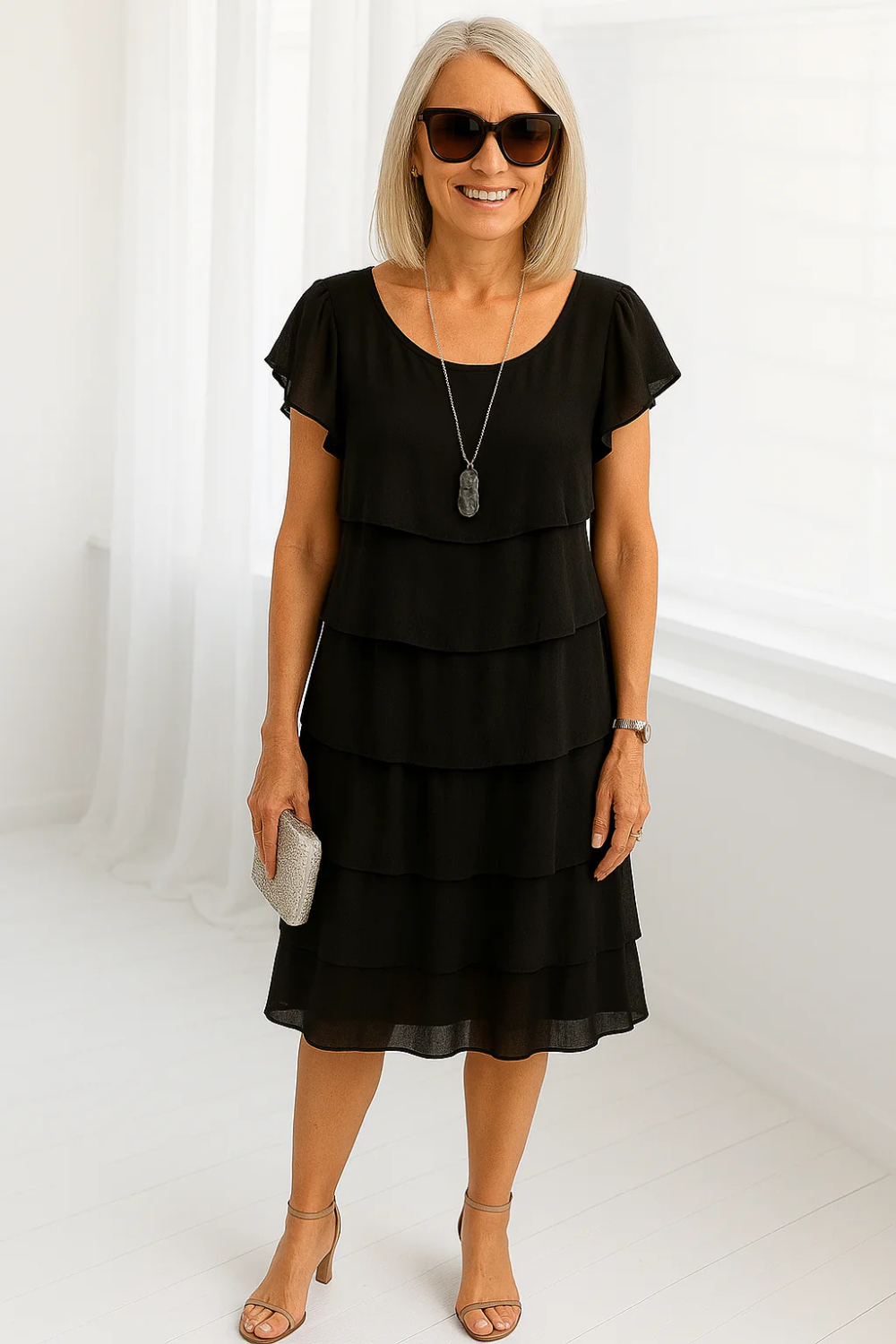 Women's Elegant Layered Chiffon Midi Dress