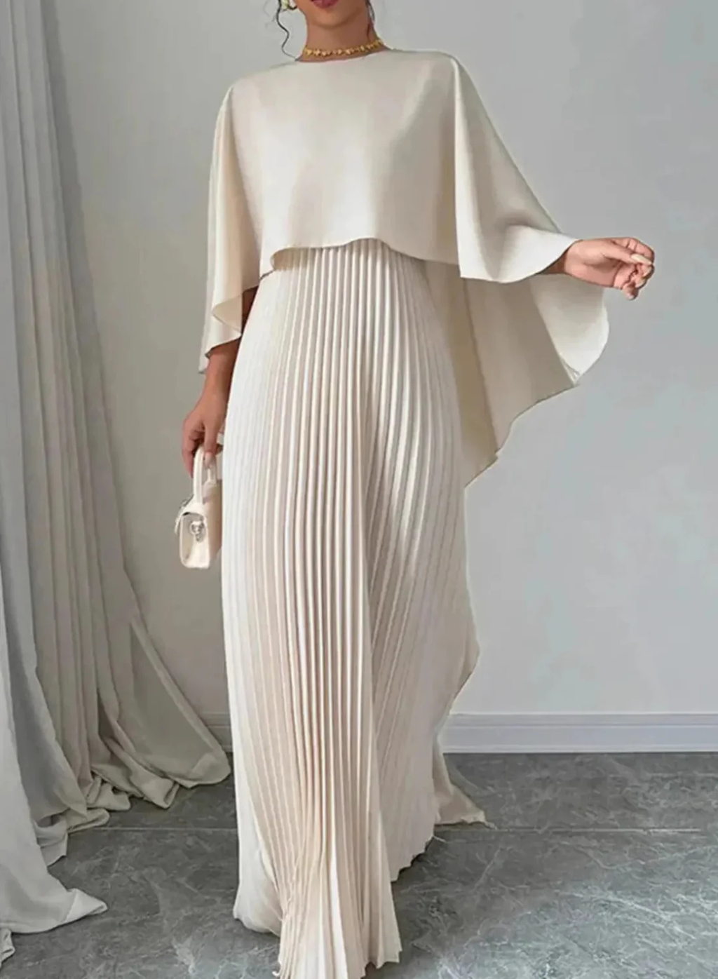 Women's Elegant Pleated Cape Maxi Dress