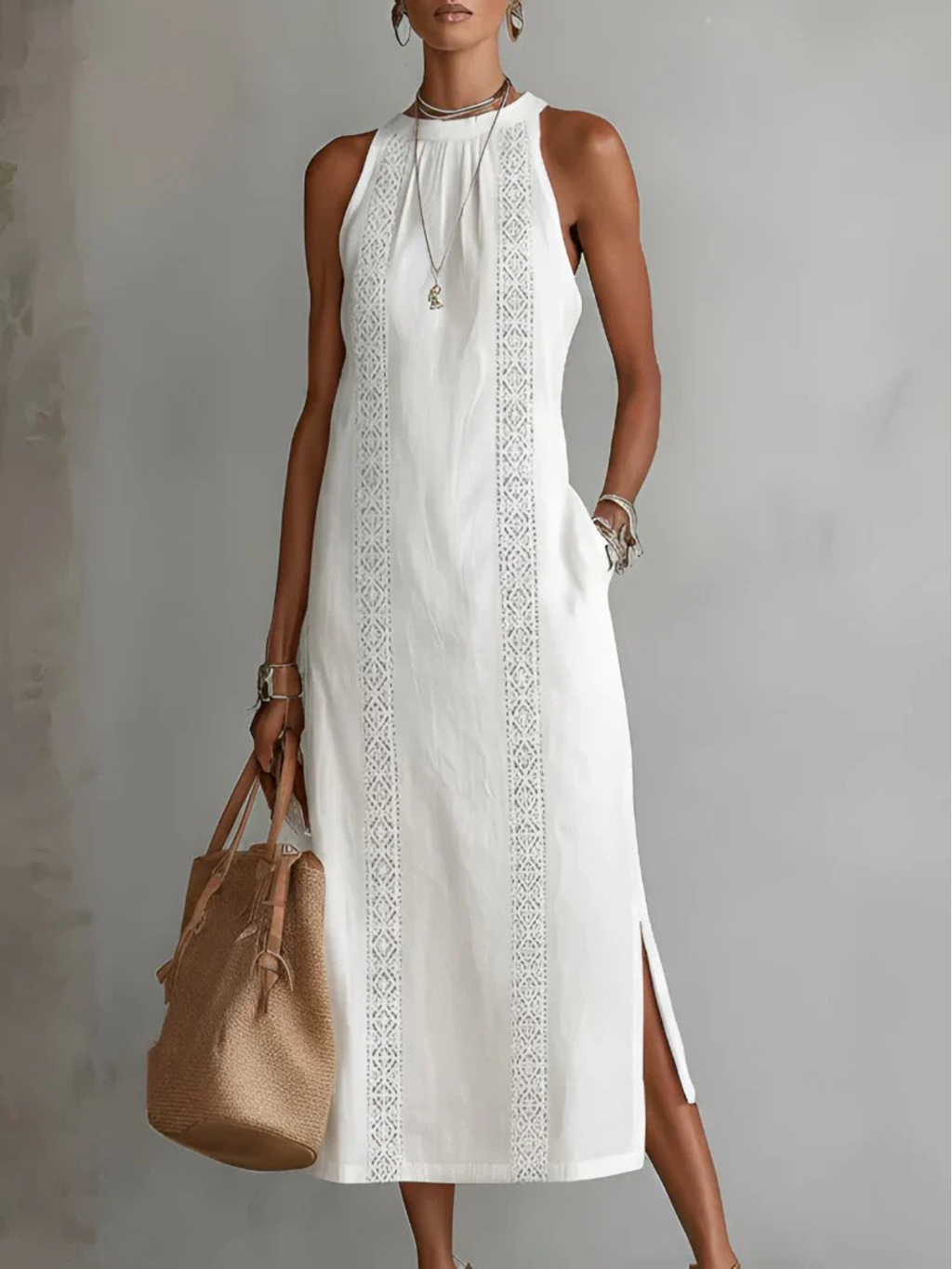 Women's Elegant Sleeveless Lace Trim Maxi Dress