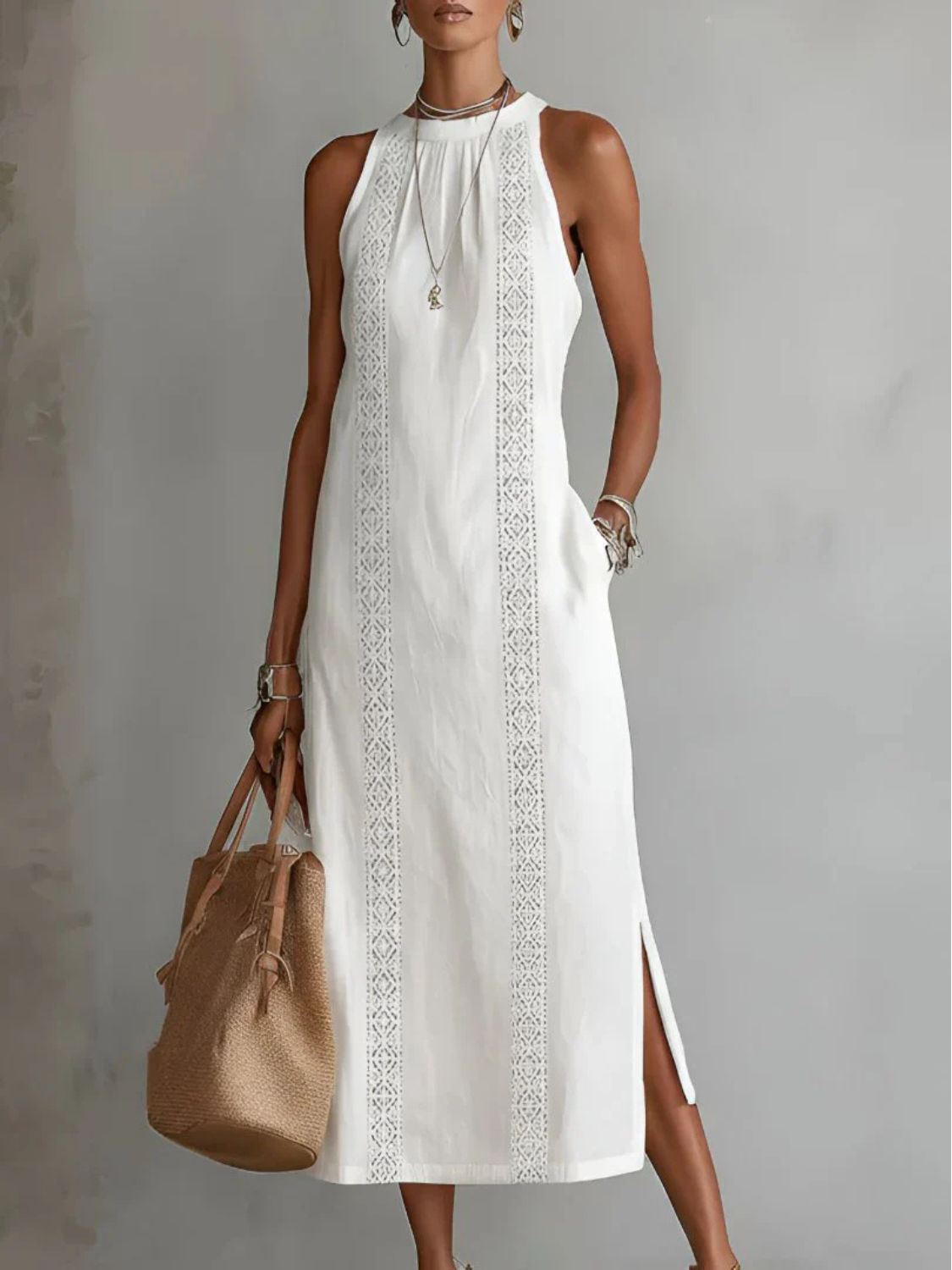 Women's Elegant Sleeveless Lace Trim Maxi Dress