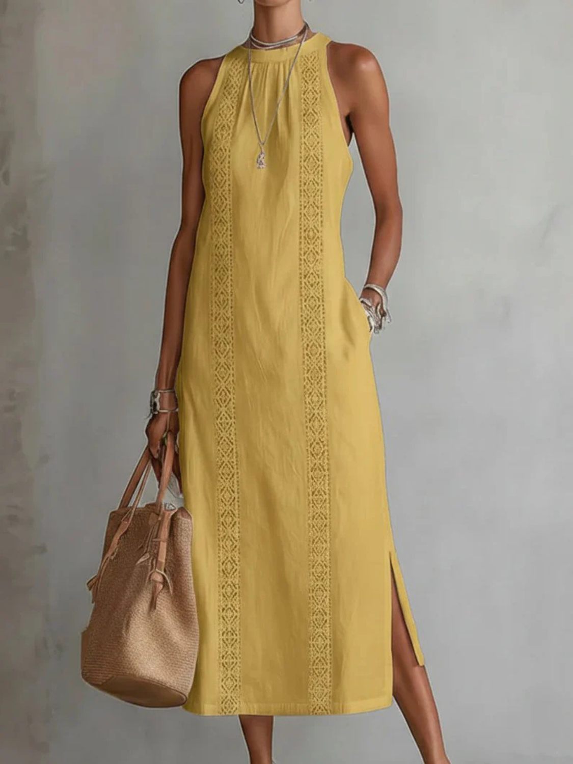 Women's Elegant Sleeveless Lace Trim Maxi Dress