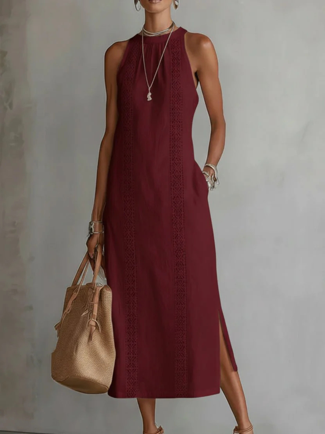 Women's Elegant Sleeveless Lace Trim Maxi Dress