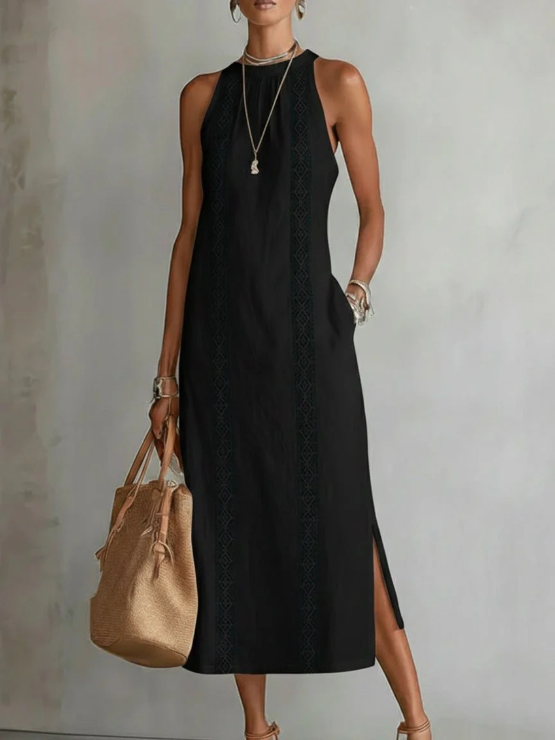 Women's Elegant Sleeveless Lace Trim Maxi Dress