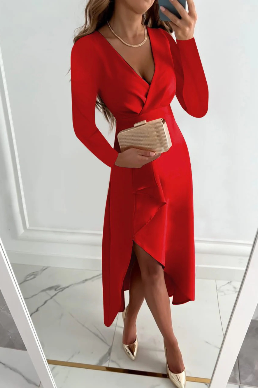 Women's Elegant V-Neck Midi Dress