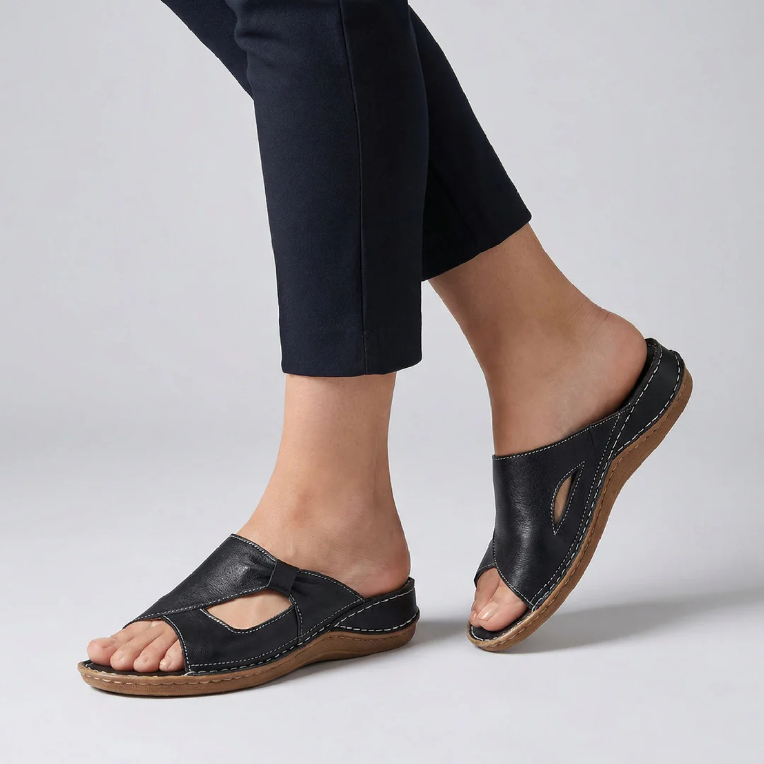 Women's Leather Open Toe Slide Sandals