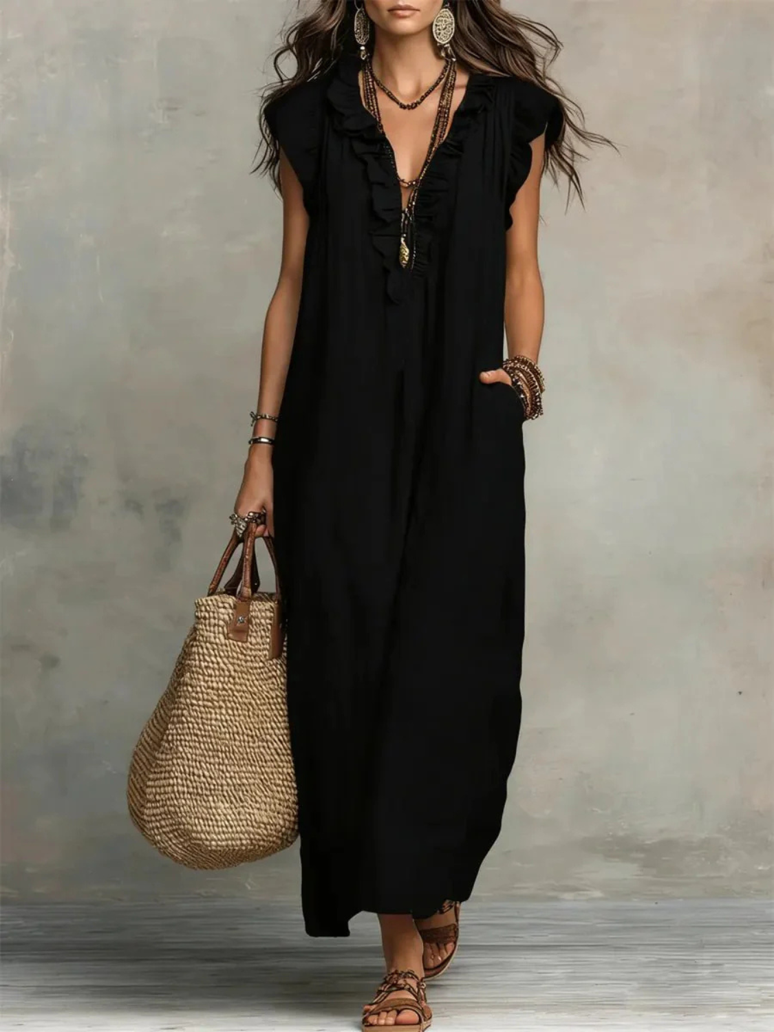 Women's Sleeveless Bohemian Ruffle Maxi Dress