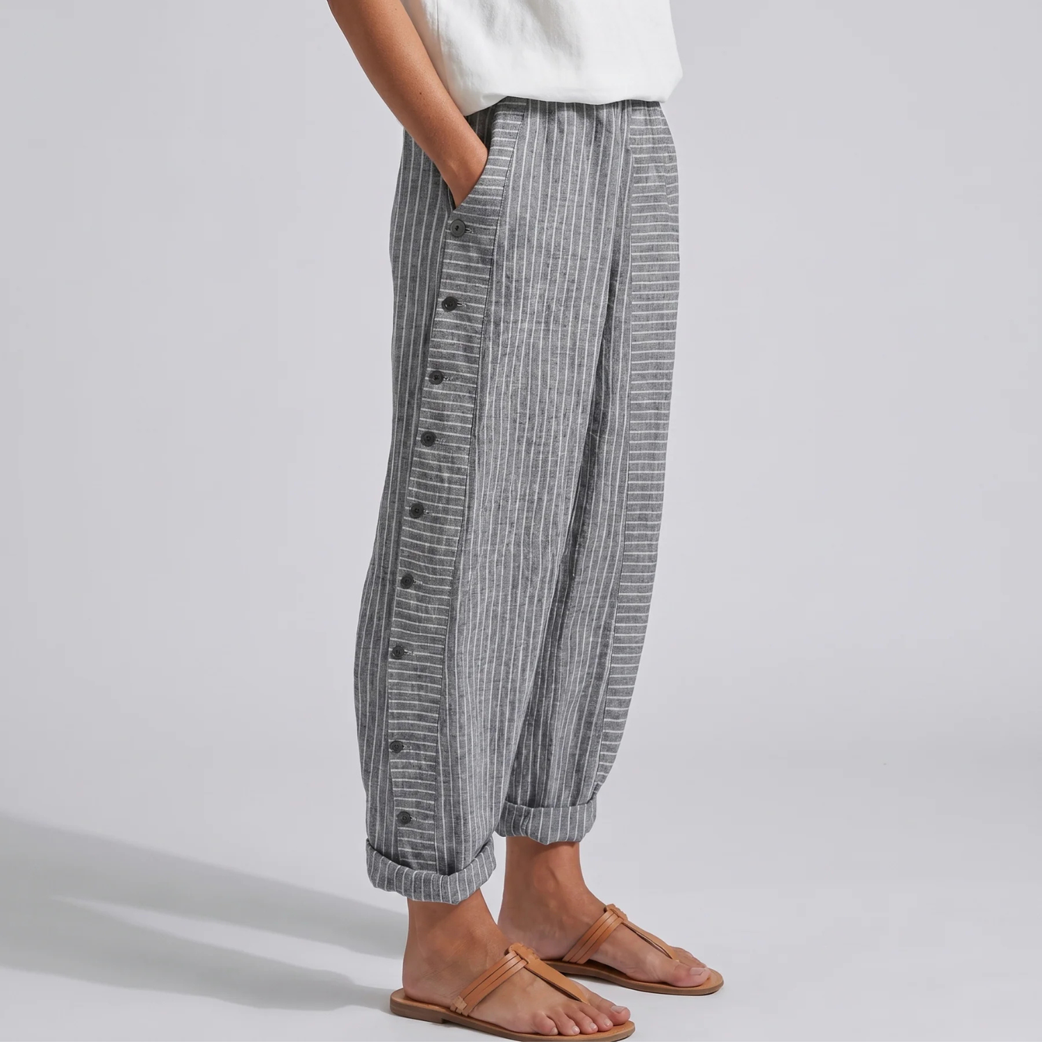 Women's Striped Button Detail Trousers