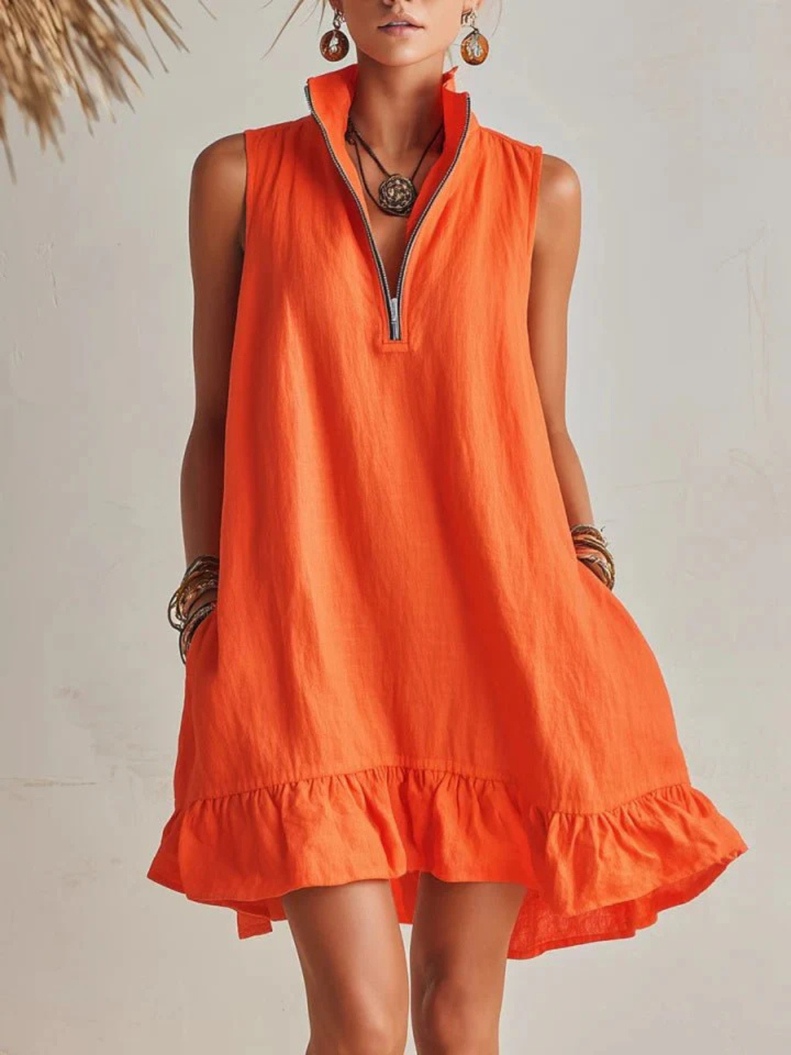 Women's Summer Sleeveless Zip Neck Mini Dress