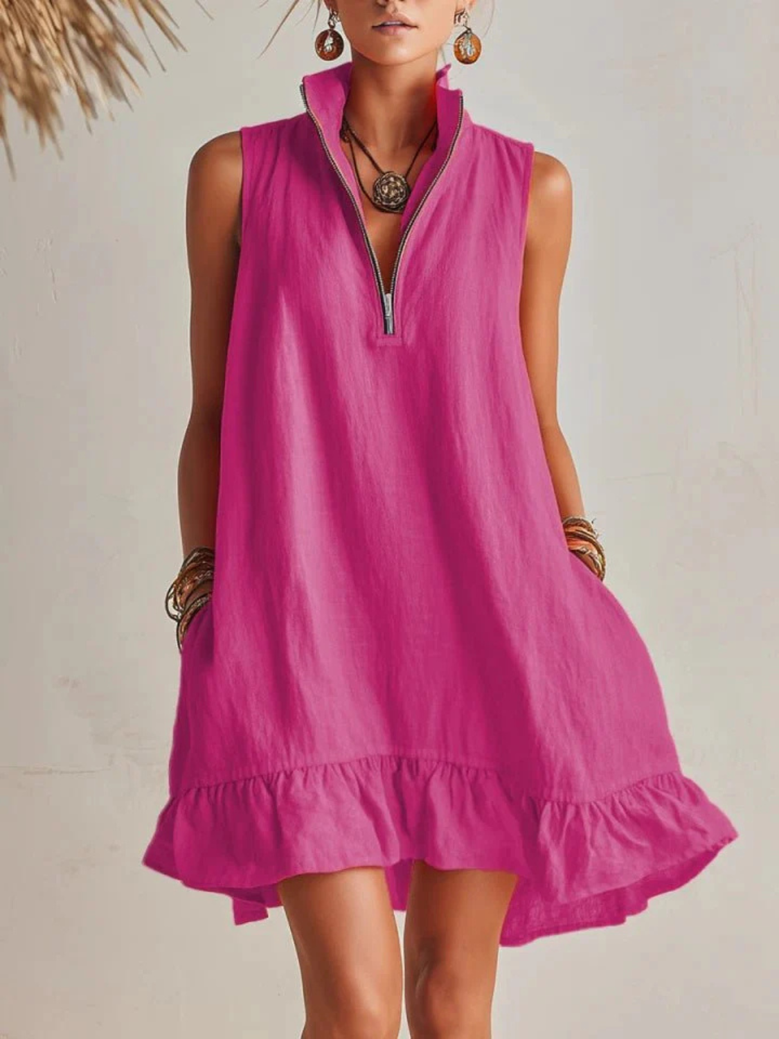 Women's Summer Sleeveless Zip Neck Mini Dress