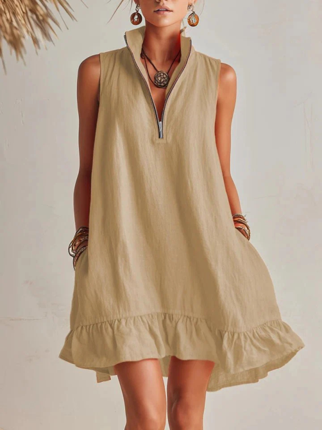 Women's Summer Sleeveless Zip Neck Mini Dress