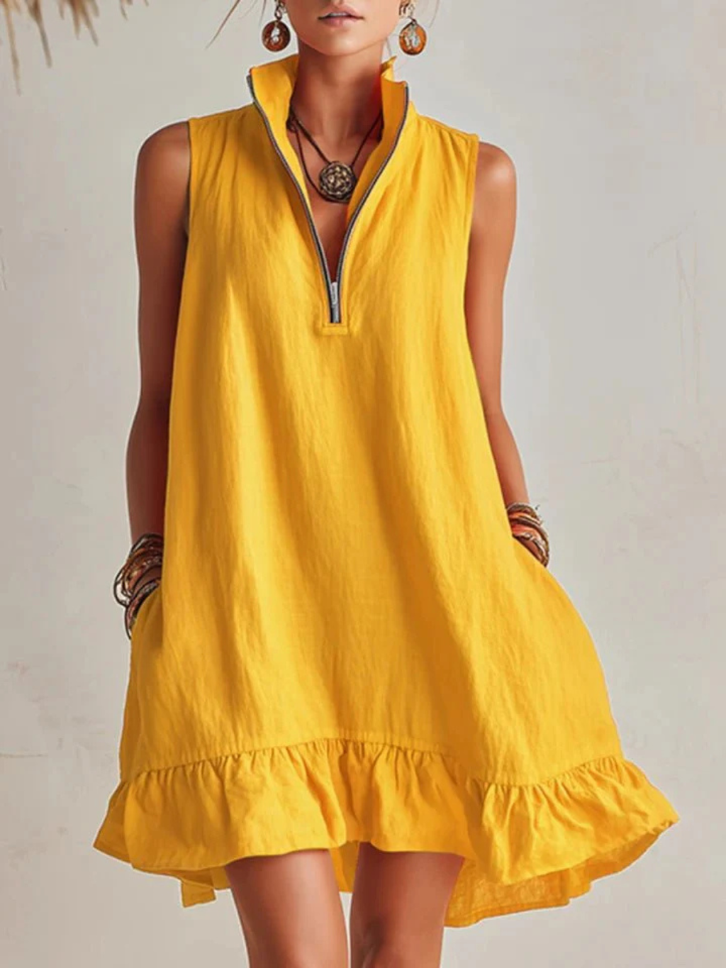 Women's Summer Sleeveless Zip Neck Mini Dress