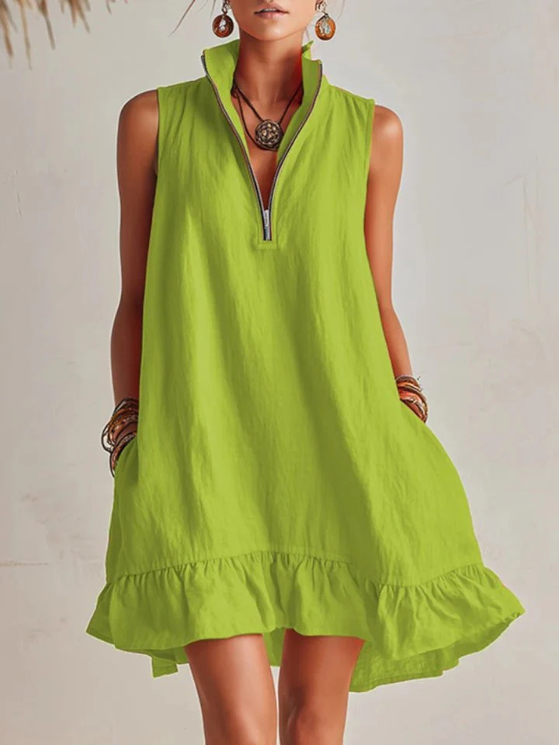 Women's Summer Sleeveless Zip Neck Mini Dress