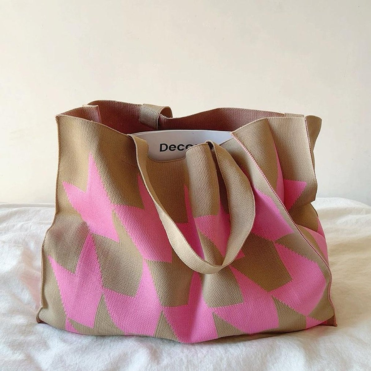 Graphic Print Canvas Tote Bag Large Knit Shopper - Pink