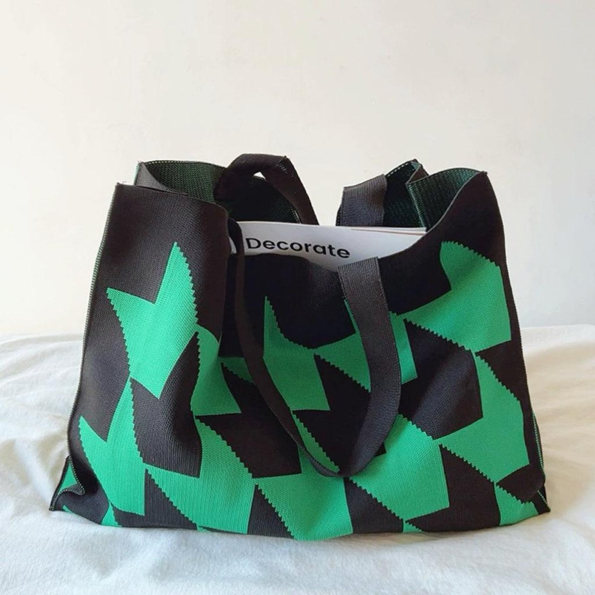 Graphic Print Canvas Tote Bag Large Knit Shopper - Green