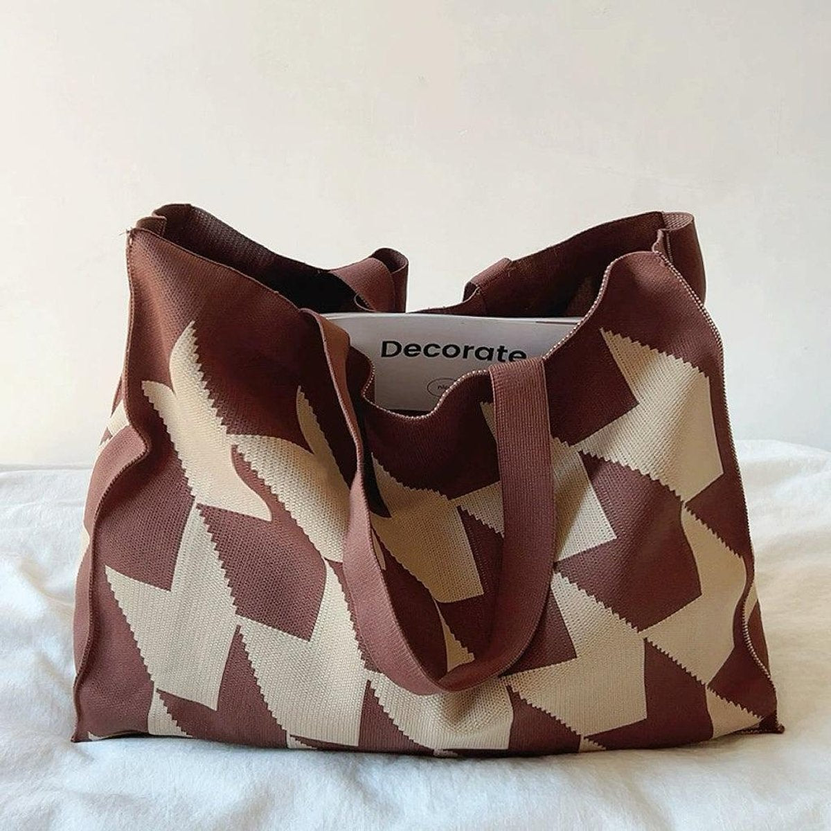 Graphic Print Canvas Tote Bag Large Knit Shopper - Brown