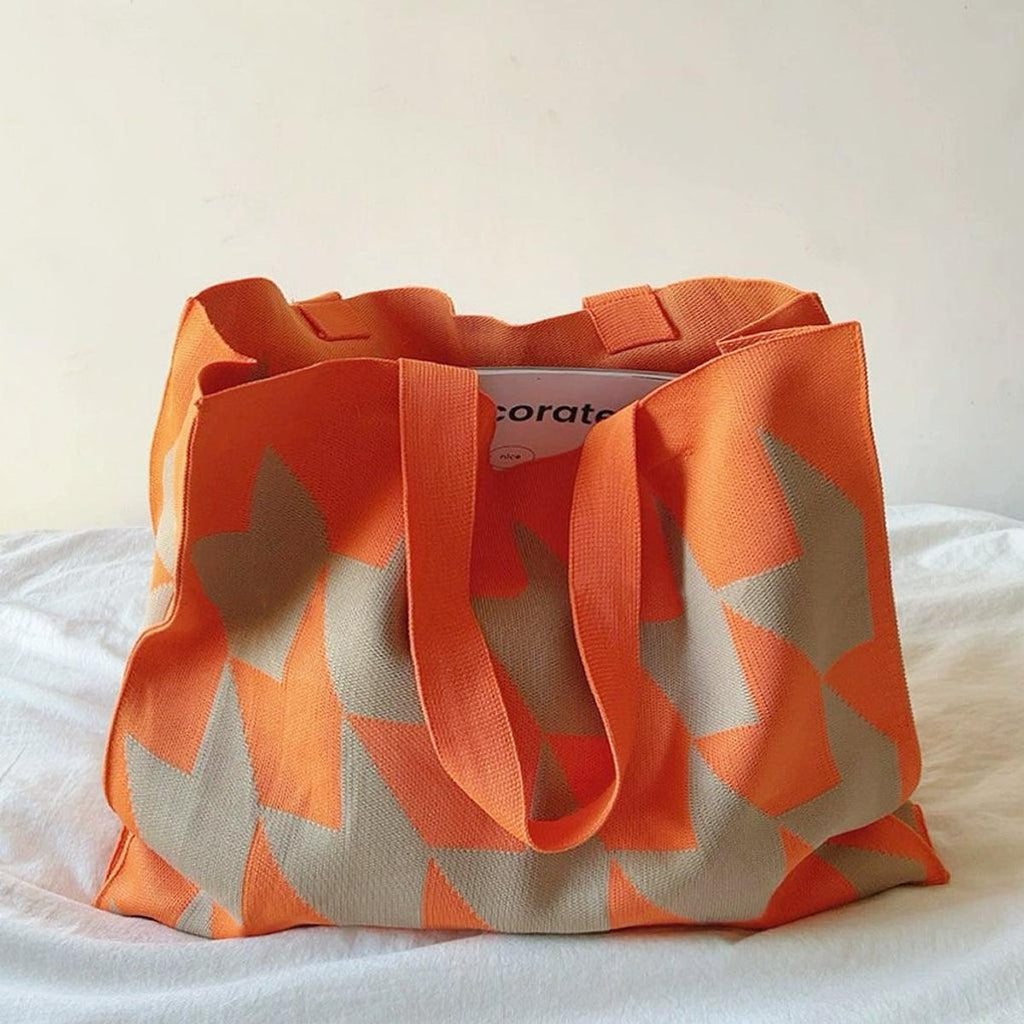 Graphic Print Canvas Tote Bag Large Knit Shopper - Orange
