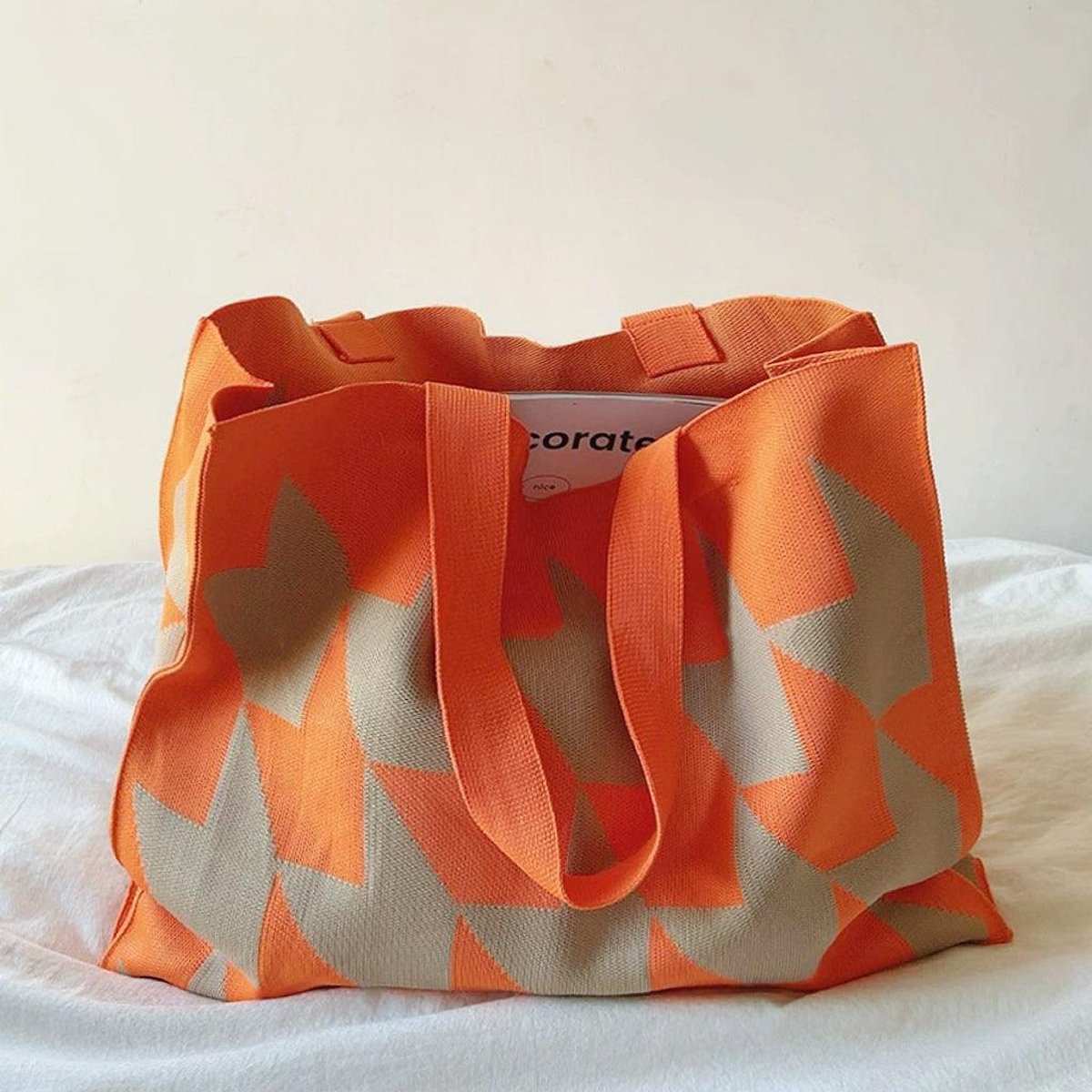 Graphic Print Canvas Tote Bag Large Knit Shopper - Orange