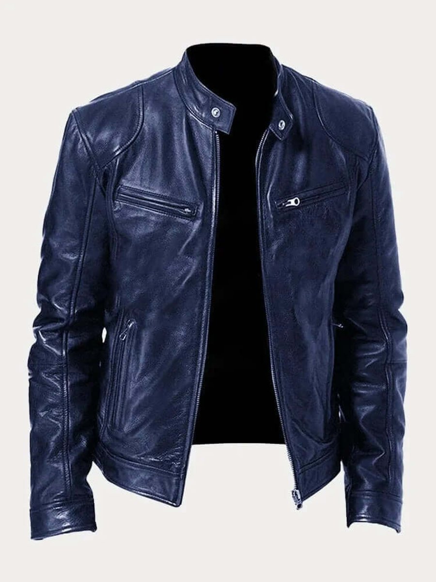 Men's Classic Biker-Style Zip-Up Leather Jacket - Dark Blue
