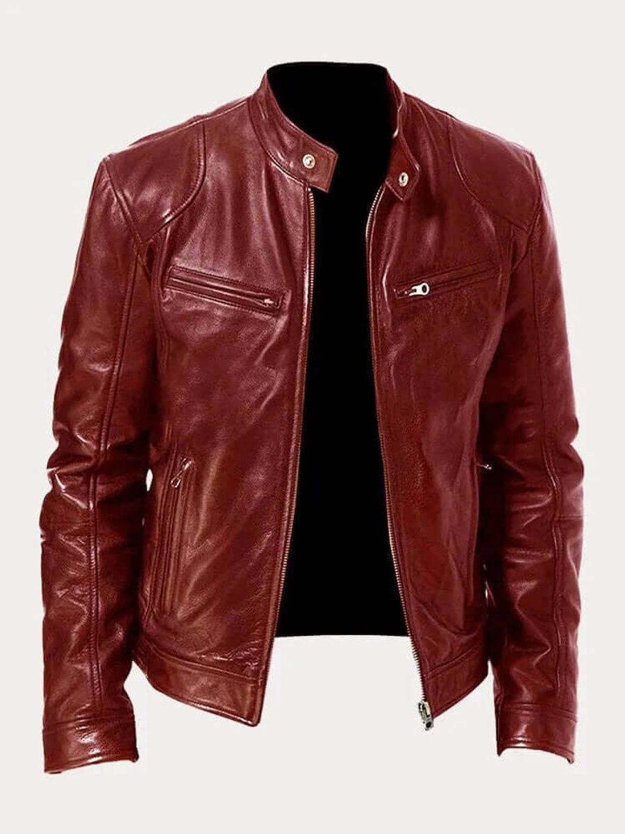 Men's Classic Biker-Style Zip-Up Leather Jacket - Burgundy