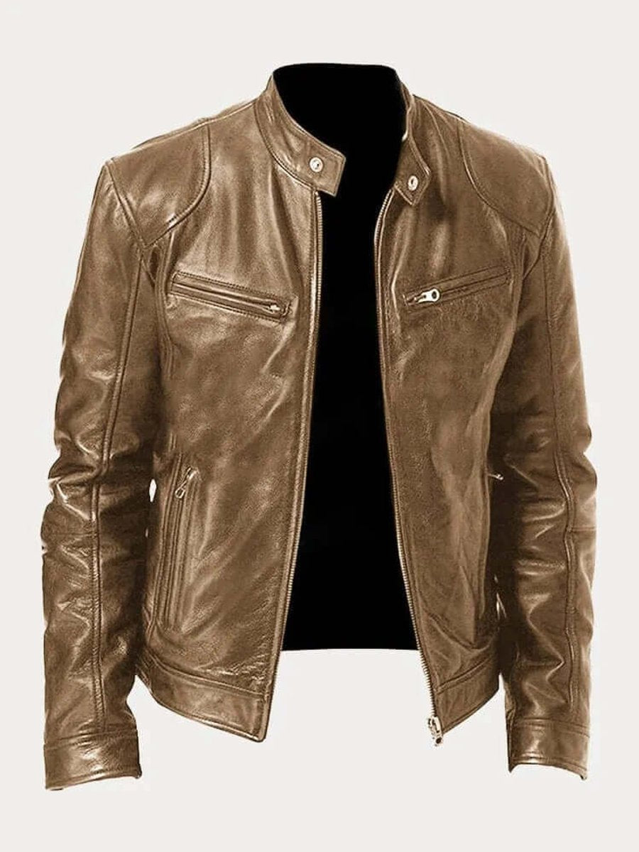 Men's Classic Biker-Style Zip-Up Leather Jacket - Khaki