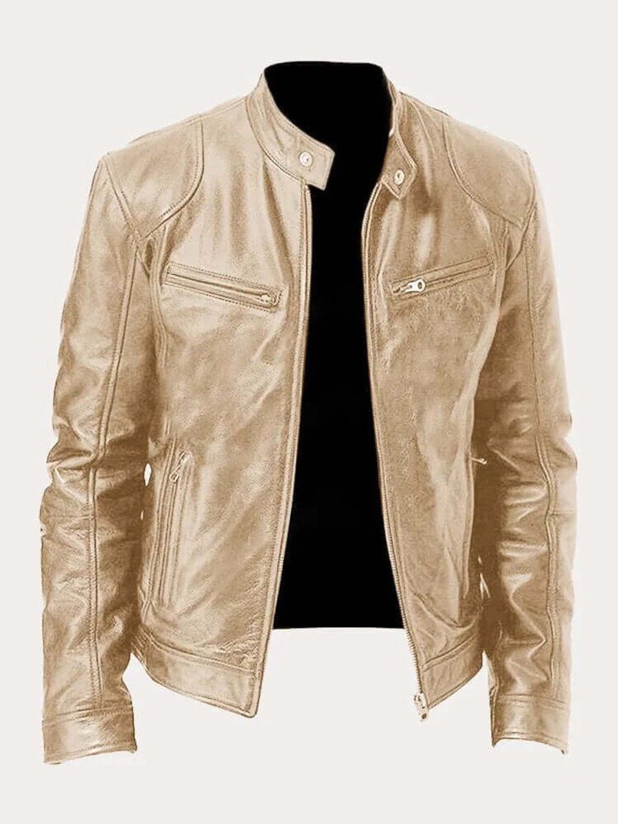Men's Classic Biker-Style Zip-Up Leather Jacket - Gold