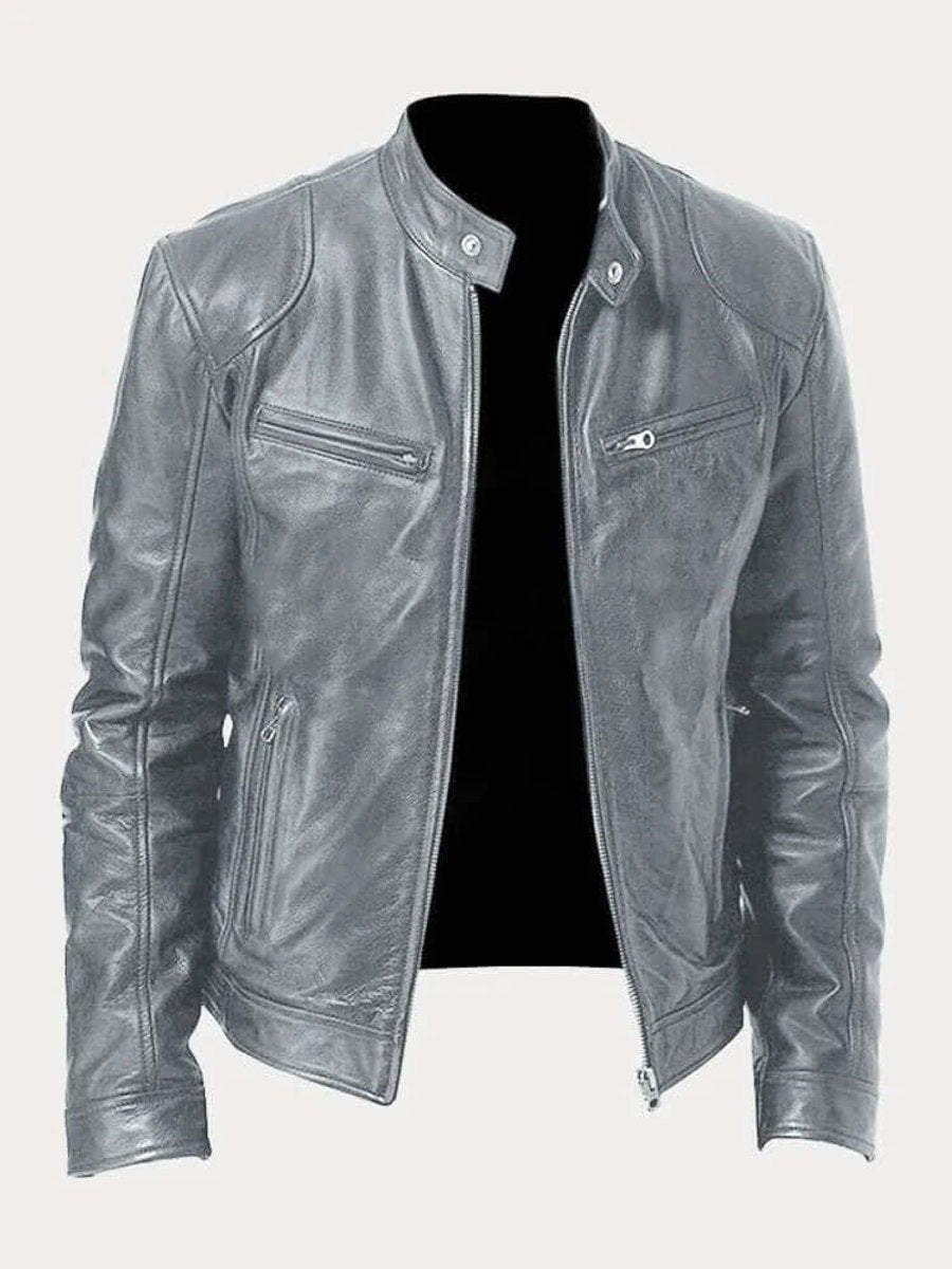 Men's Classic Biker-Style Zip-Up Leather Jacket - Gray