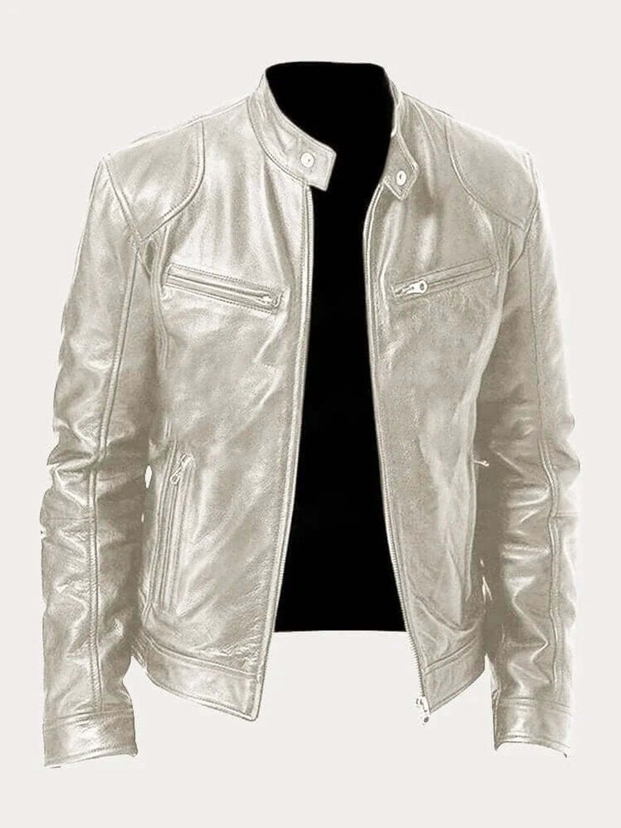 Men's Classic Biker-Style Zip-Up Leather Jacket - Silver