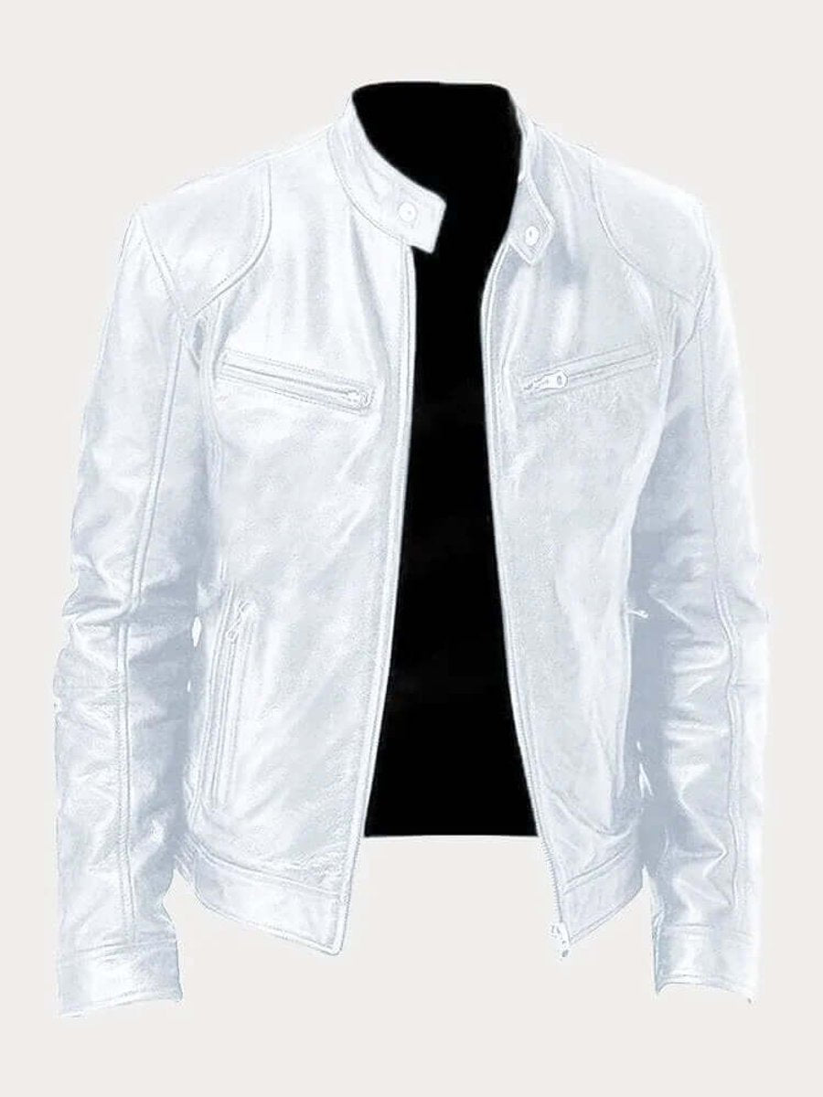Men's Classic Biker-Style Zip-Up Leather Jacket - White