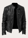 Men's Classic Biker-Style Zip-Up Leather Jacket - Black