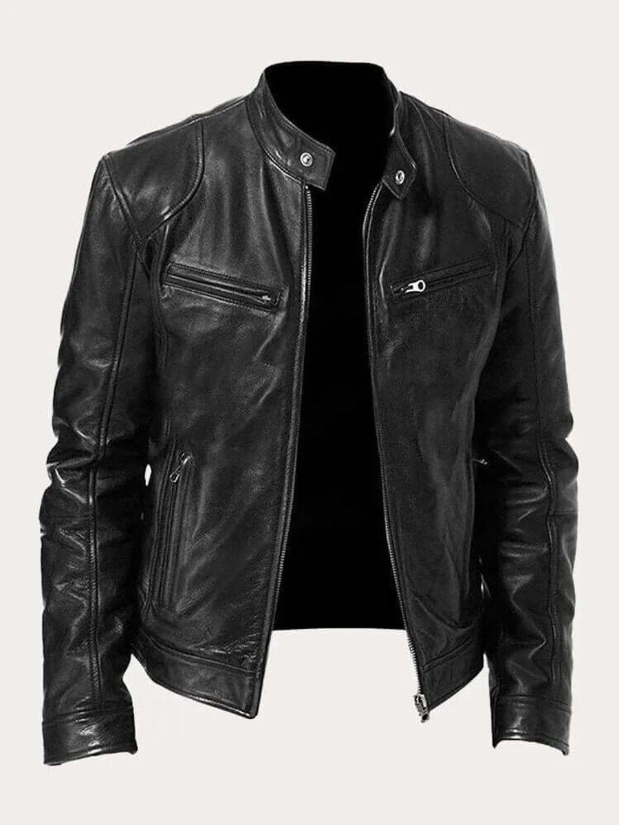 Men's Classic Biker-Style Zip-Up Leather Jacket - Black