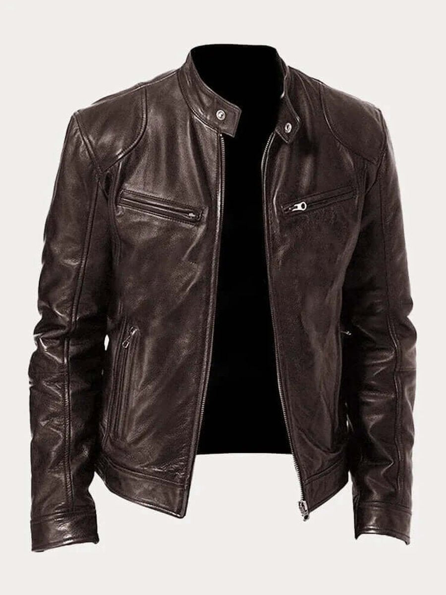 Men's Classic Biker-Style Zip-Up Leather Jacket - Brown