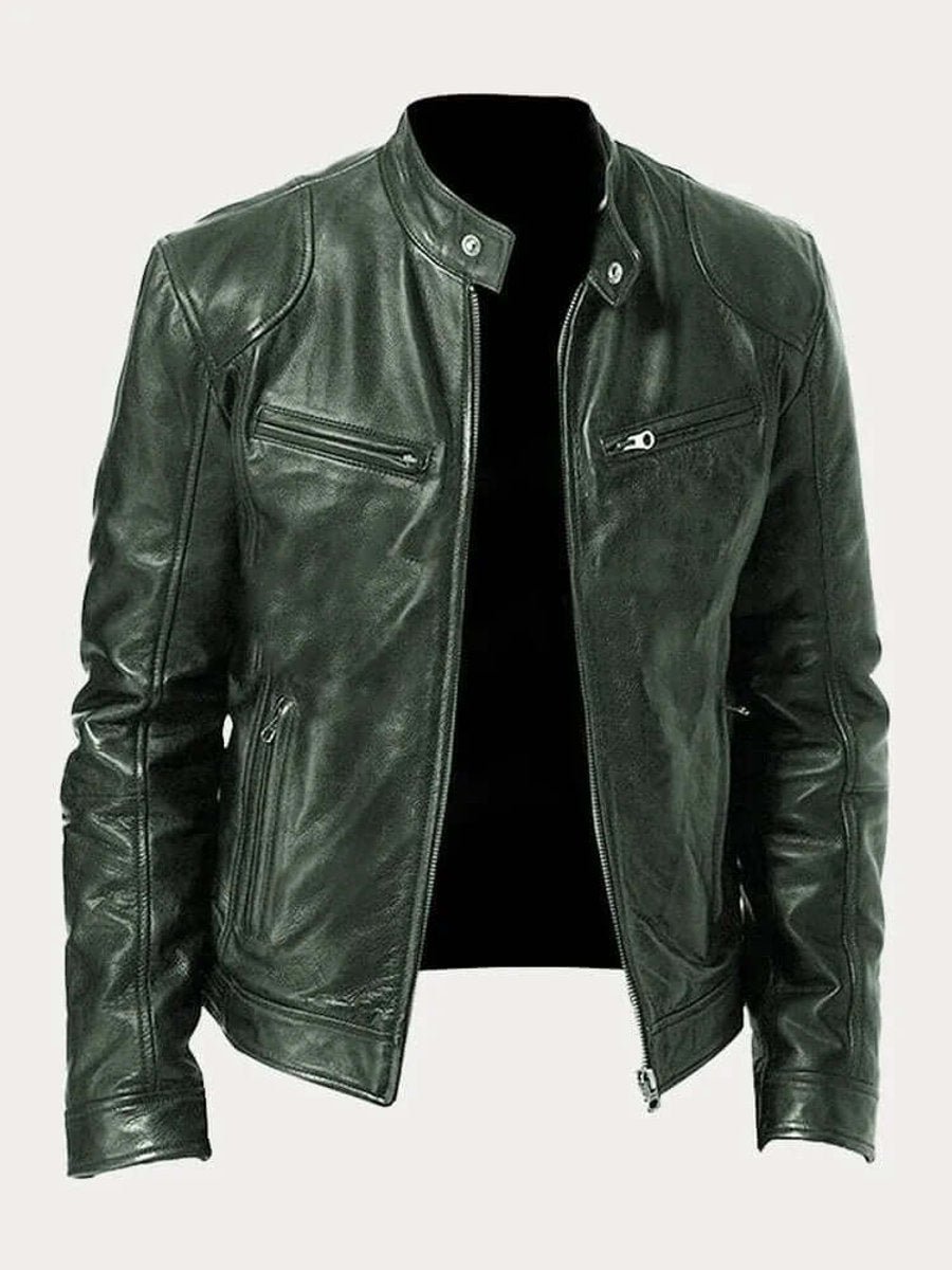Men's Classic Biker-Style Zip-Up Leather Jacket - Military Green
