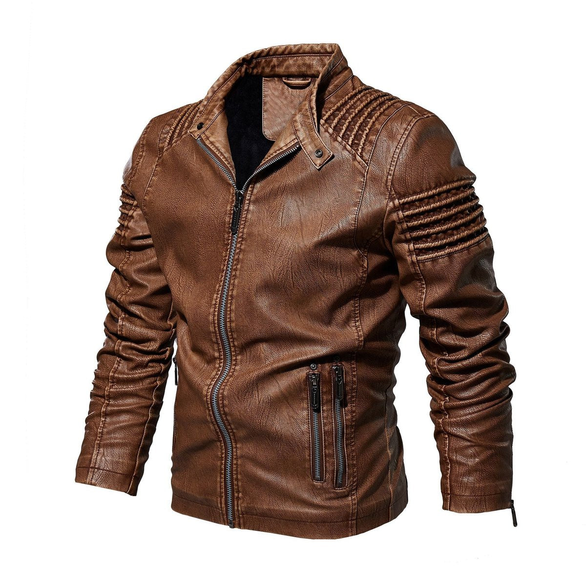 Men's Faux Leather Biker Jacket Ribbed-Shoulder Zip-Up
