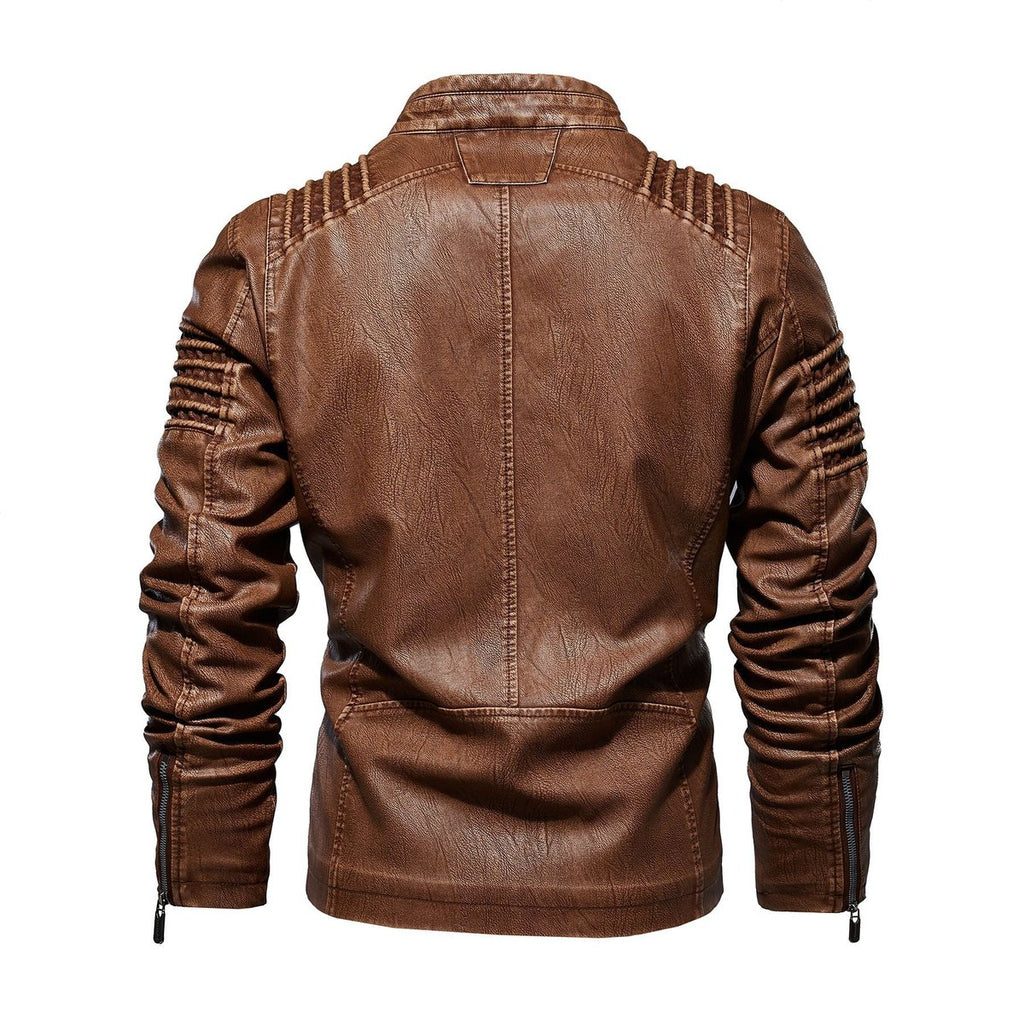 Men's Faux Leather Biker Jacket Ribbed-Shoulder Zip-Up
