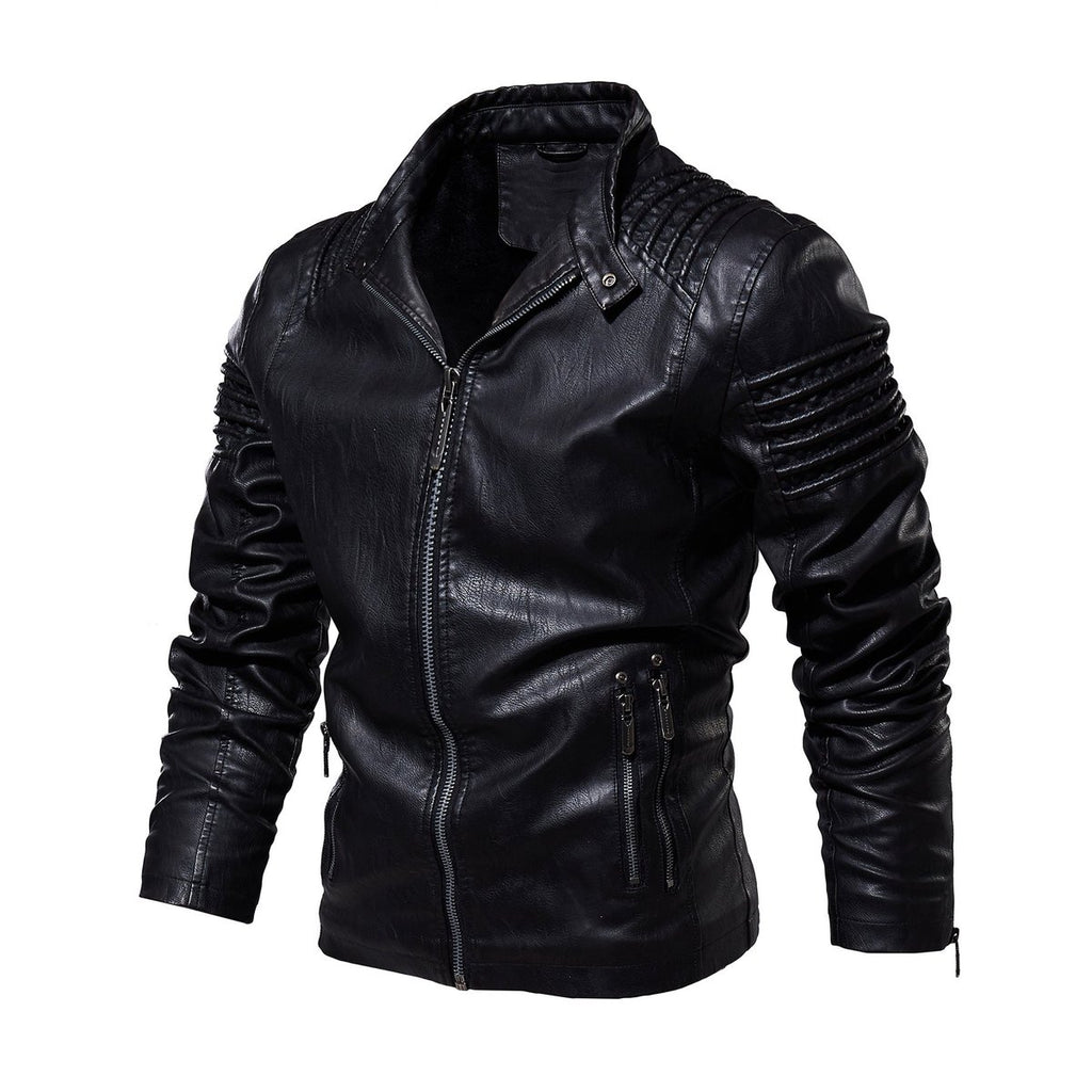 Men's Faux Leather Biker Jacket Ribbed-Shoulder Zip-Up