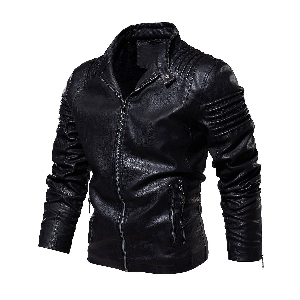 Men's Faux Leather Biker Jacket Ribbed-Shoulder Zip-Up