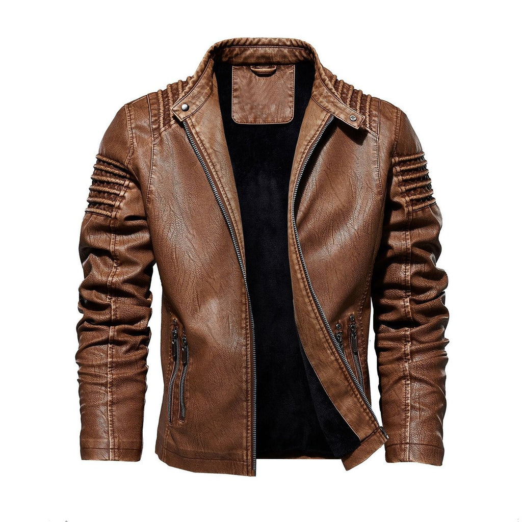 Men's Faux Leather Biker Jacket Ribbed-Shoulder Zip-Up
