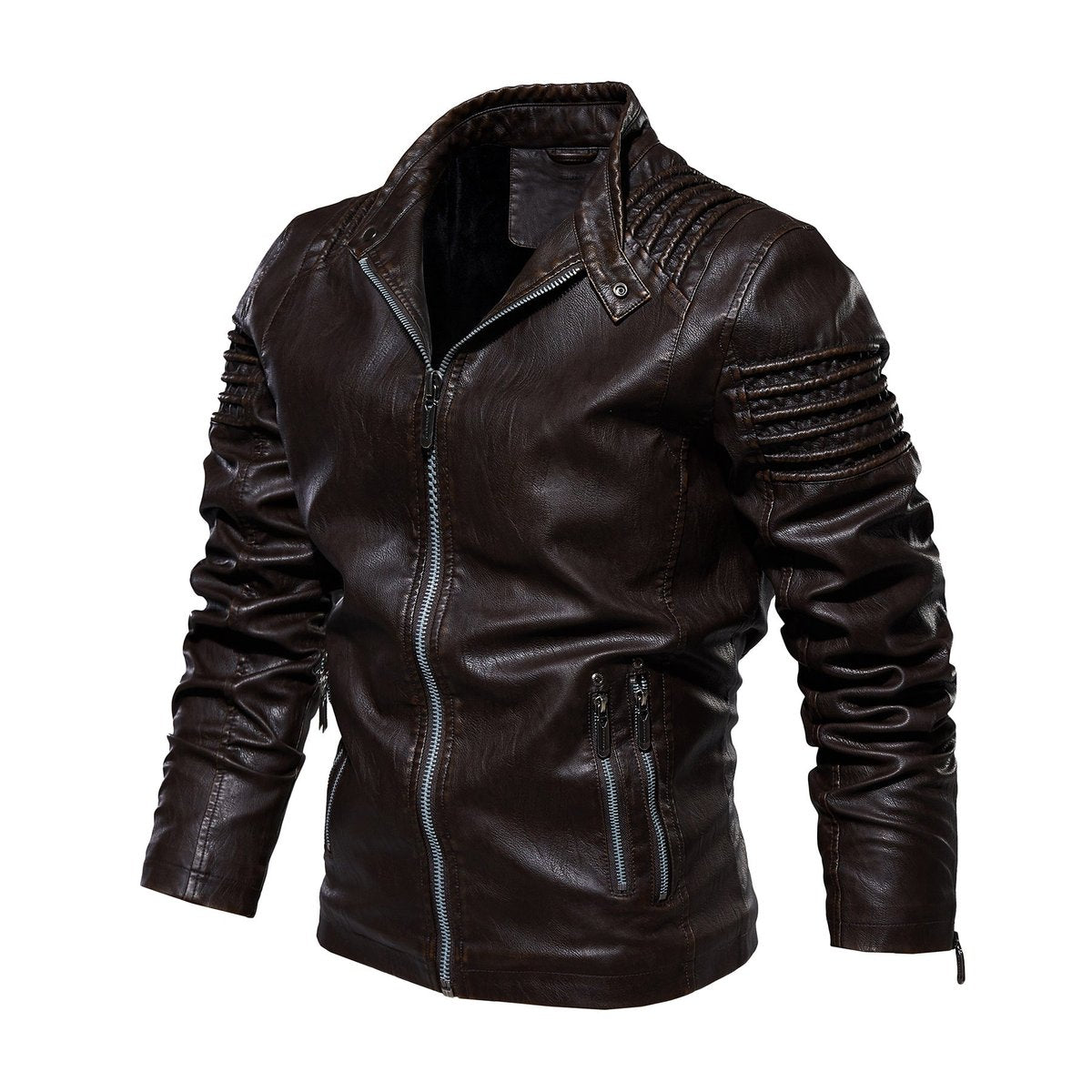 Men's Faux Leather Biker Jacket Ribbed-Shoulder Zip-Up