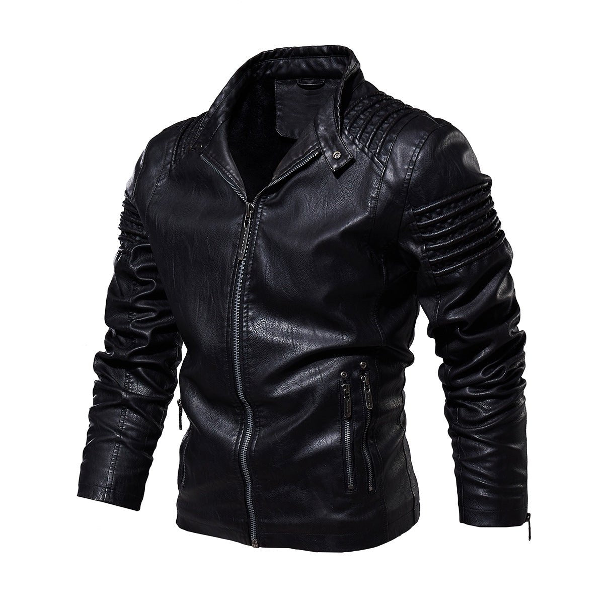 Men's Faux Leather Biker Jacket Ribbed-Shoulder Zip-Up - Black