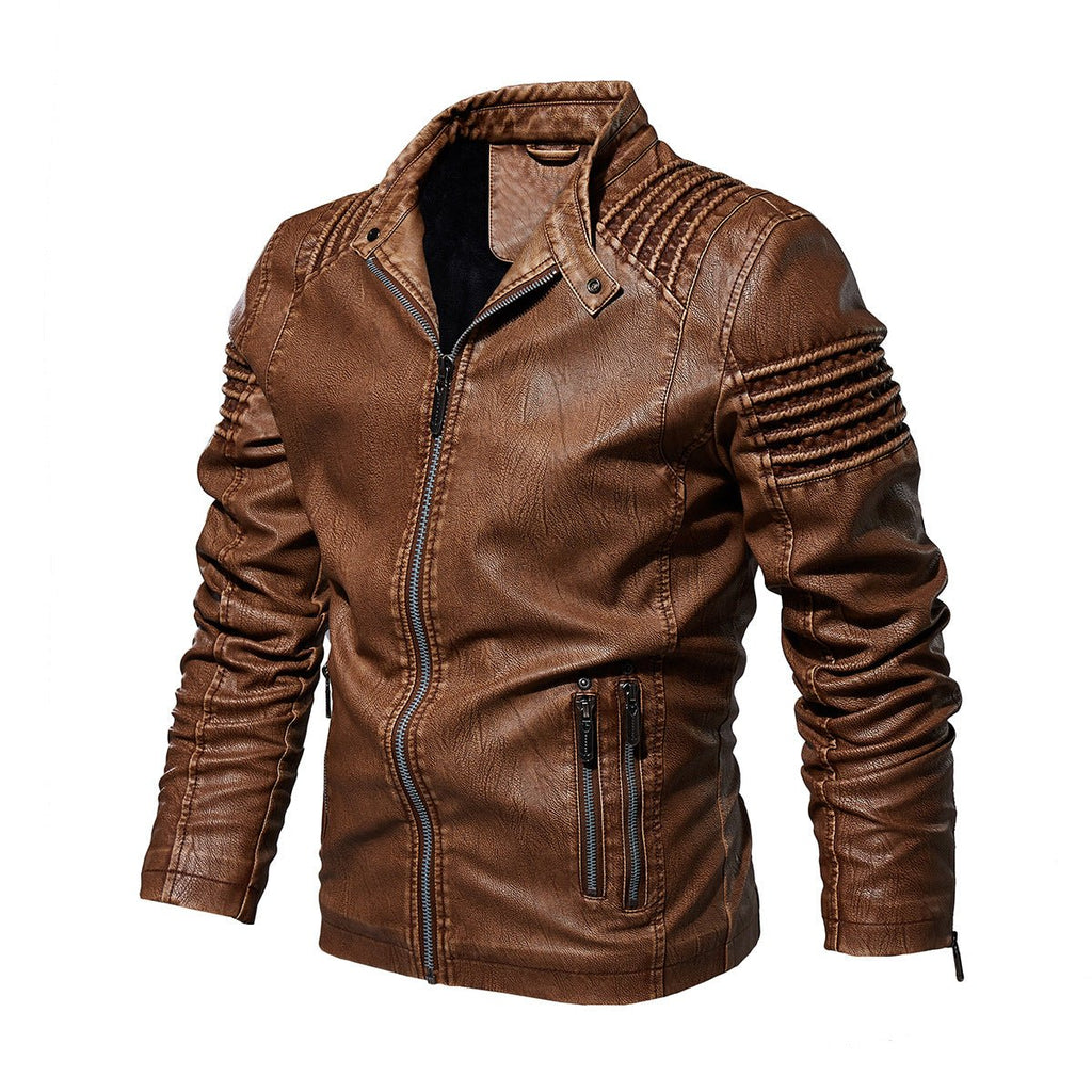 Men's Faux Leather Biker Jacket Ribbed-Shoulder Zip-Up - Khaki