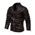 Men's Faux Leather Biker Jacket Ribbed-Shoulder Zip-Up - Brown